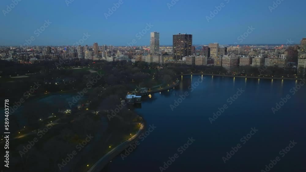 Aerial view of the north coast of Central park reservoir, dusk in New York, USA Aerial view of the north coast of Central park reservoir, dusk in New York, USA