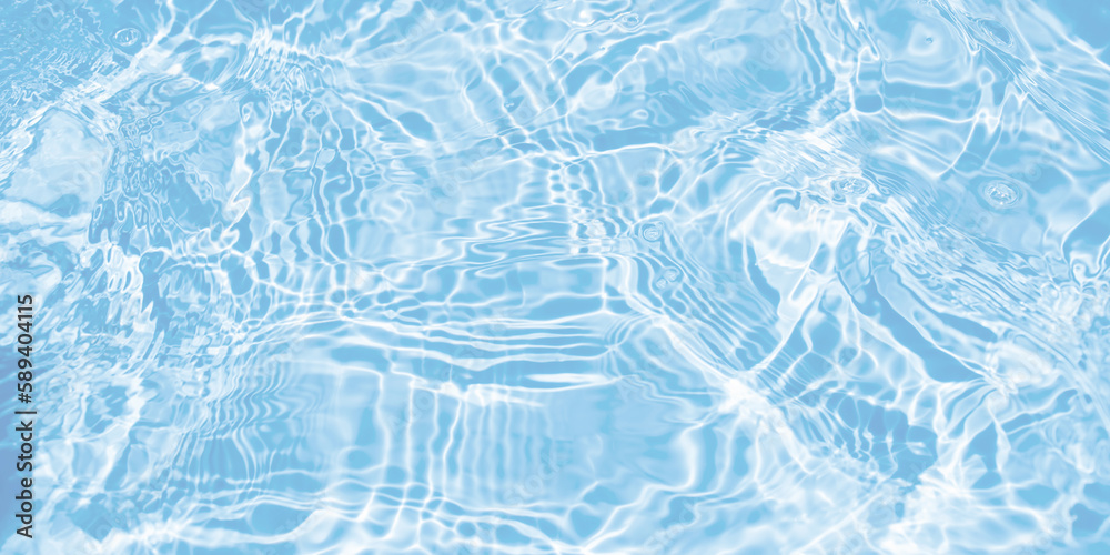 Water waves surface hits the sunlight. Close up swimming pool water background. Transparent water surface.