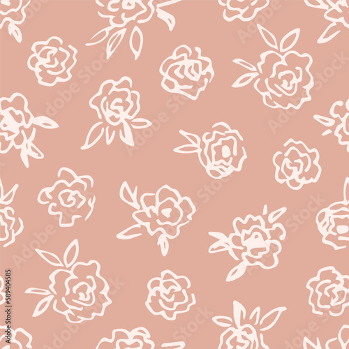 Simple floral hand drawn vector seamless pattern. Light outline of flowers on a beige-pink background. Roses and peonies. For fabric prints, textiles, packaging, stationery.