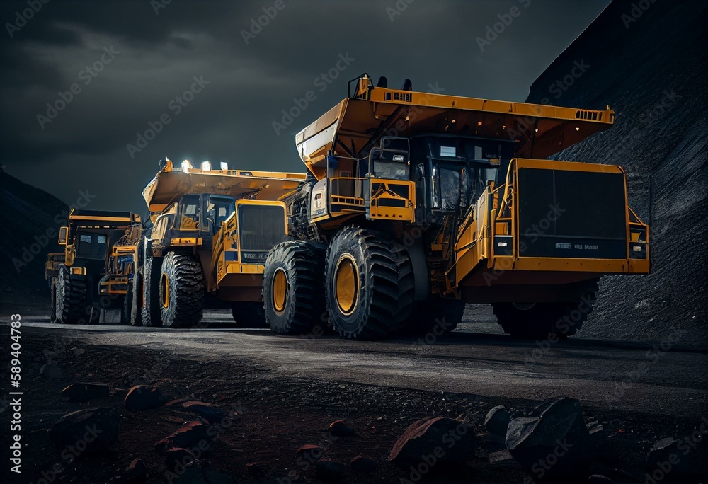 Large quarry dump trucks in coal mine. Mining equipment for the transportation of minerals. Generative AI