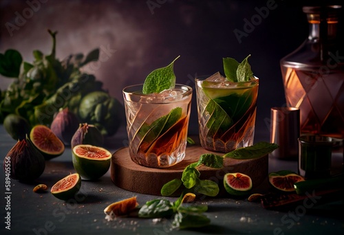 Refreshing cocktails with figs and mint created with AI. Generative AI