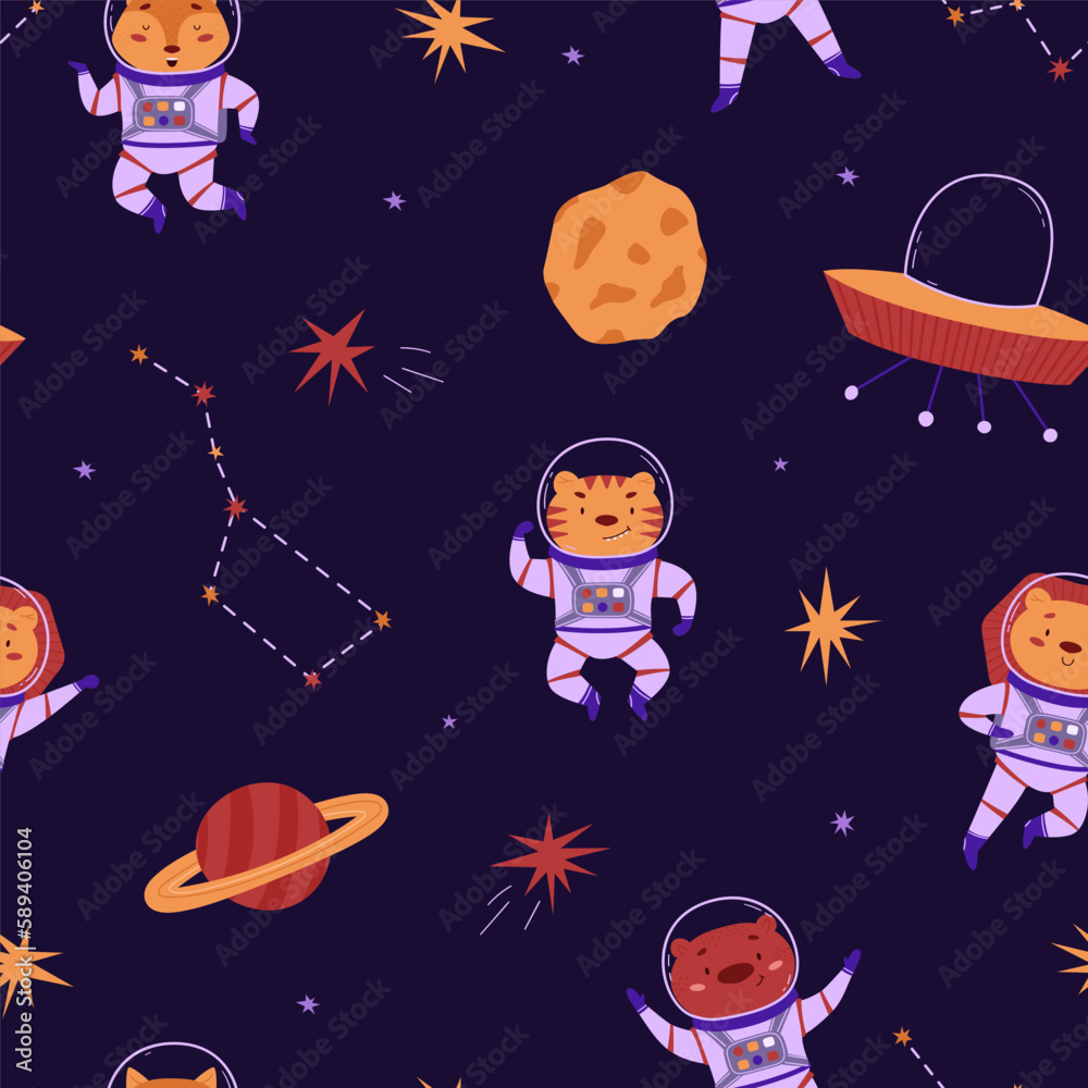 Naklejka premium Cosmic seamless pattern with cute animals astronauts, alien ships and planets. Wild animals in outer space. Vector illustration in a flat style. International Day of Human Space Flight and