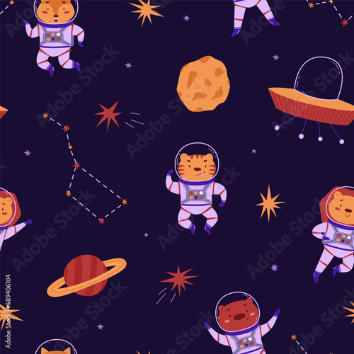 Cosmic seamless pattern with cute animals astronauts, alien ships and planets. Wild animals in outer space. Vector illustration in a flat style. International Day of Human Space Flight and