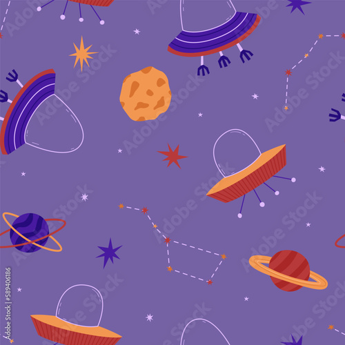 Cosmic seamless pattern with stars, moon and UFO. Planets and constellations. Vector illustration in a flat style. International Day of Human Space Flight and Cosmonautics Day. Pattern for wallpaper