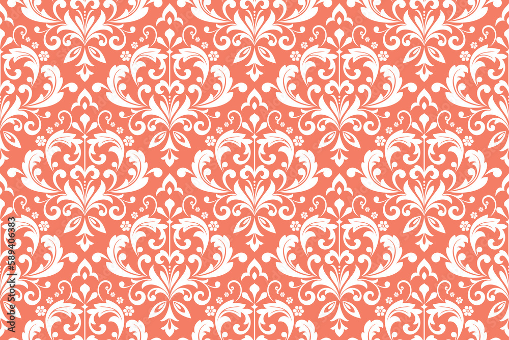 Wallpaper in the style of Baroque. Seamless vector background. White and pink floral ornament. Graphic pattern for fabric, wallpaper, packaging. Ornate Damask flower ornament Wallpaper in the style of Baroque. Seamless vector background. White and pink floral ornament. Graphic pattern for fabric, wallpaper, packaging. Ornate Damask flower ornament