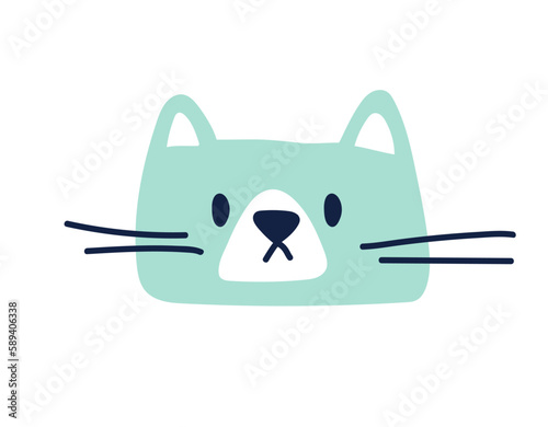 Painted cat head. The muzzle of a cute blue cat in a child's hand-drawn style. Vector illustration isolated on white background.