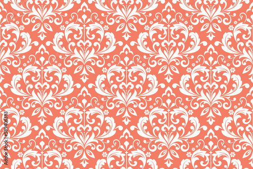 Wallpaper in the style of Baroque. Seamless vector background. White and pink floral ornament. Graphic pattern for fabric, wallpaper, packaging. Ornate Damask flower ornament