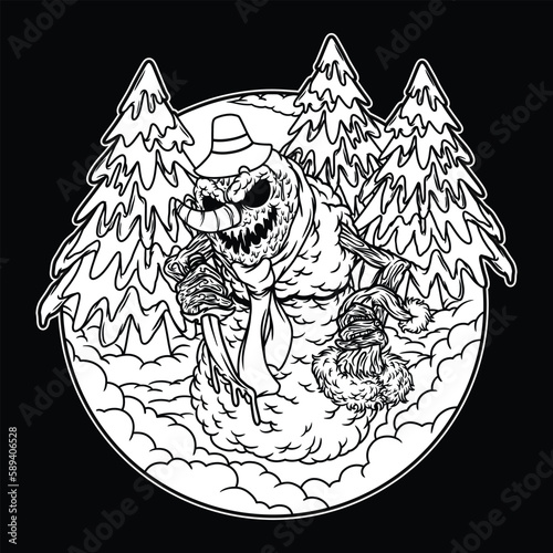 snowman with evil face Black and White illustration