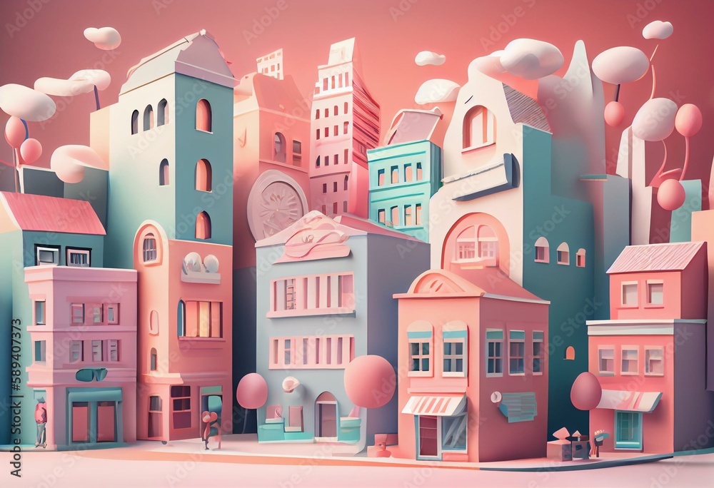 Pastel Cityscape: Cute Kids' Concept Illustration of Buildings and Urban Life. Generative AI