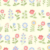 Floral seamless pattern. Decorative flowers and leaves on light background. Vector illustration. Botanical pattern for decor, design, packaging, wallpaper, textile.