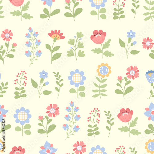 Floral seamless pattern. Decorative flowers and leaves on light background. Vector illustration. Botanical pattern for decor, design, packaging, wallpaper, textile.