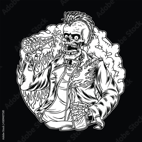 Punk Head skull is in chaos Black and White illustration