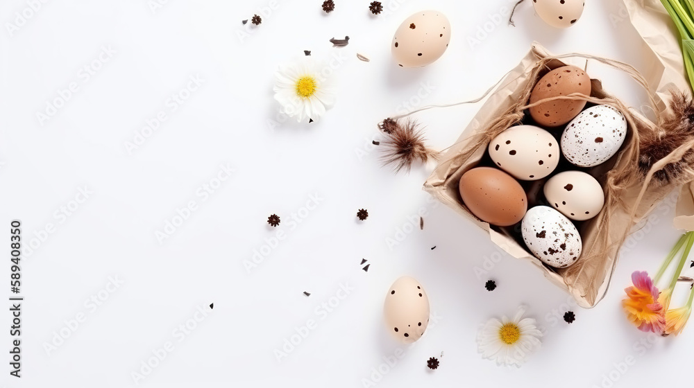 Eggs in a nest. Easter eggs and flowers, Easter egg composition, flowers and feathers