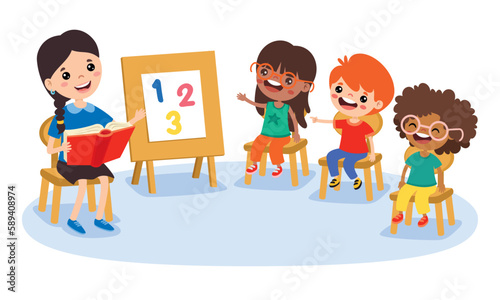 Cartoon Teacher and School Children