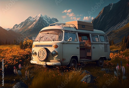 Camper Van Summer Trip. Generative AI