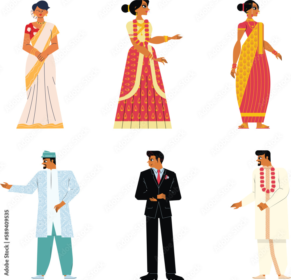 Indian people in traditional clothes. Vector illustration in flat cartoon style.