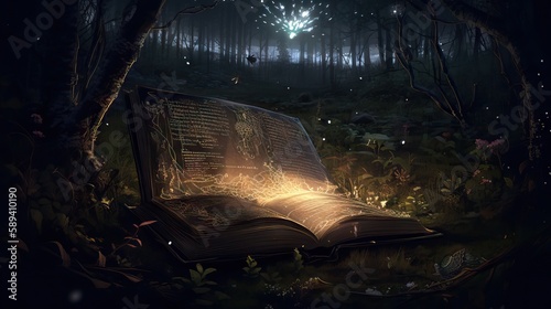 Open book revealing the magical forest. Eco concept. Generative AI 
