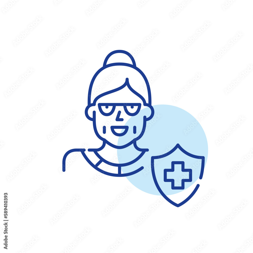 Health insurance for older people. Elderly woman with medical care coverage. Pixel perfect, editable stroke line icon