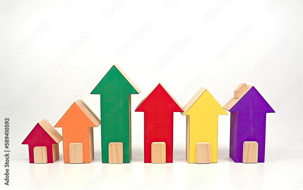 Small toy houses of different colours as arrow graph, Generative AI Small toy houses of different colours as arrow graph, Generative AI