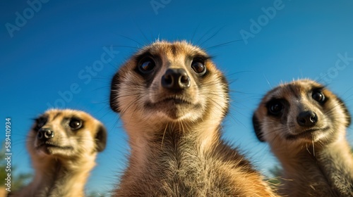 Portrait of meerkat family, Meerkats, watching arround wildlife, Blue sky, Generative AI © Gasi