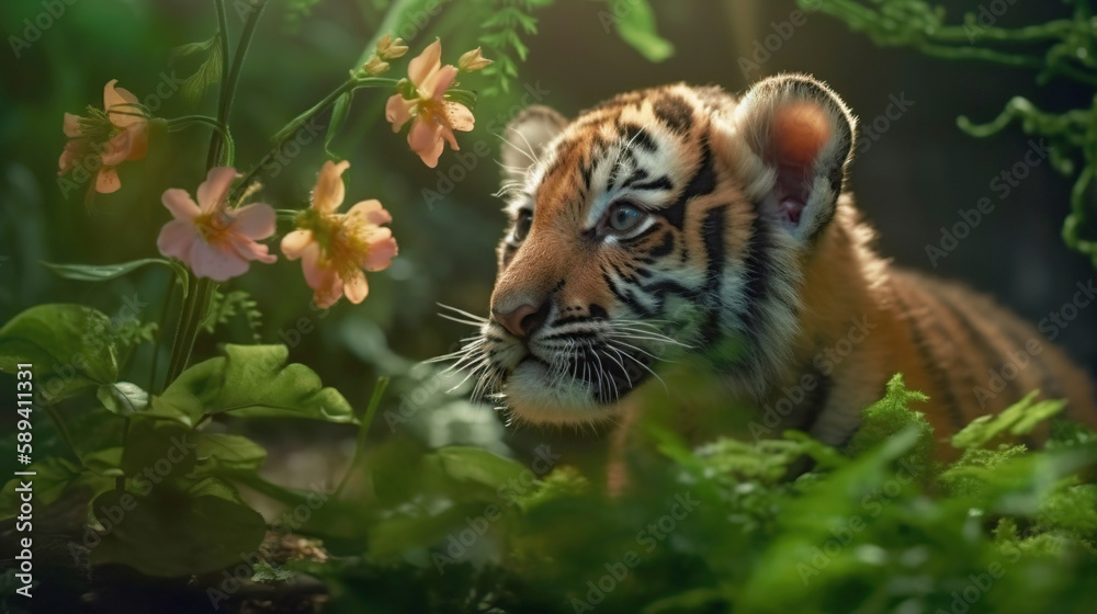 Cute and adorable tiger cub smelling fresh spring flower in the deep forest. New beginning. Outdoor background. Wild nature illustration. Generated with AI. Cute and adorable tiger cub smelling fresh spring flower in the deep forest. New beginning. Outdoor background. Wild nature illustration. Generated with AI.