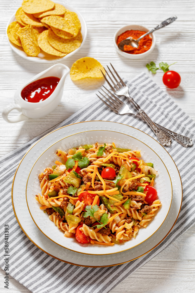 pasta salad with ground beef and veggies in bowl