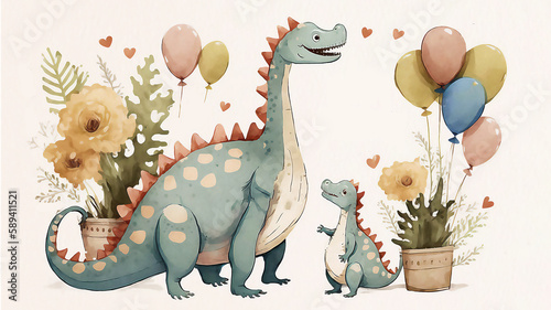 Watercolor illustration of cute dinosaur with colorful balloons. Greeting birthday card, poster, banner for children. Vintage. AI generated