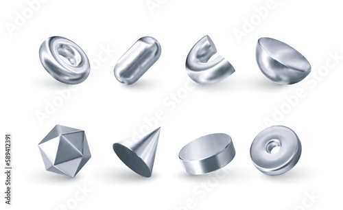 Set 3d chrome figure. Vector gradient geometric object. Holographic silver donut, cylinder,cone,ring,capsule, icosahedron. Element modern trendy design.