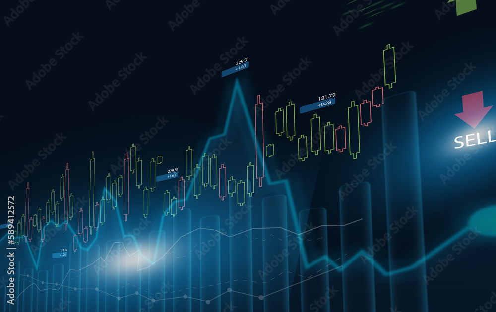 Monitor screen with trading stock exchange graph, money, data graph, block chain, finance, business growth, stock market, cryptocurrency selling and buy with price chart ,business financial funds