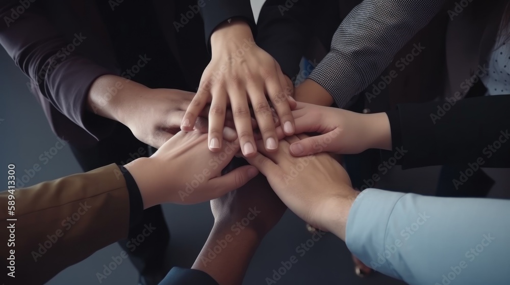 © KikkyCNX - Close up of young business people putting their hands together. Stack of hands. Unity, particication, teamwork, support, and collaboration.