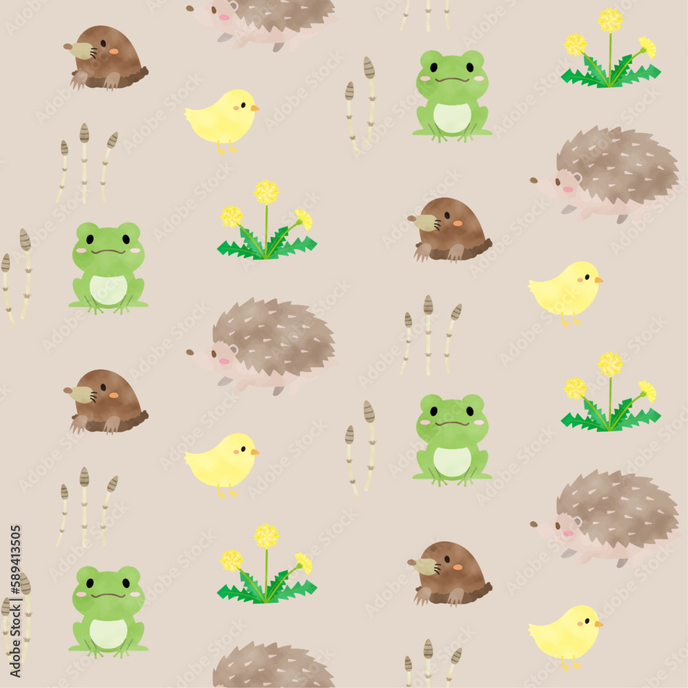 Naklejka premium 小さなどうぶつたちとタンポポのパターン