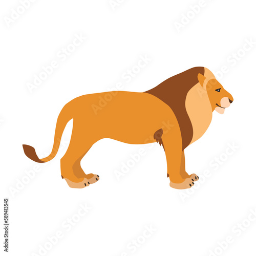 Animal illustration. Standing lion drawn in a flat style. Isolated object on a white background. Vector 10 EPS