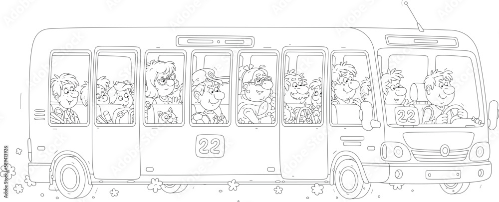 Urban bus with a funny driver and noisy passengers hurrying about their business, black and white vector cartoon illustration for a coloring book
