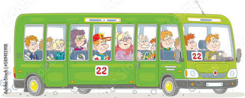 Green city bus with a funny driver and noisy passengers hurrying about their business, vector cartoon illustration isolated on a white background