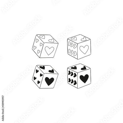 Howdy Valentines Day dice with heart shape spots vector illustration set isolated on white. Linear colouring page Wild west game of chance print for 14 February holiday.