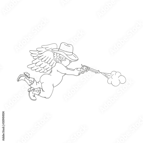 Howdy Valentines Day cowboy Cupid with smoking gun vector illustration isolated on white. Wild west linear colouring page Love Amur print for 14 February holiday. 
