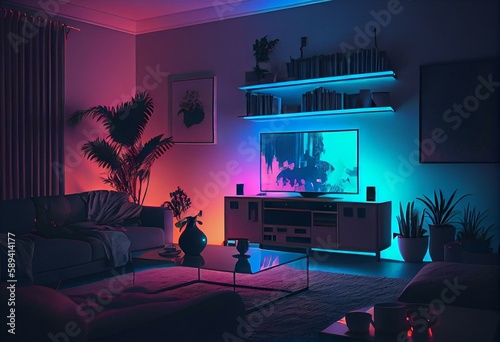 Modern Livingroom with colored led light - Smart home. Generative AI