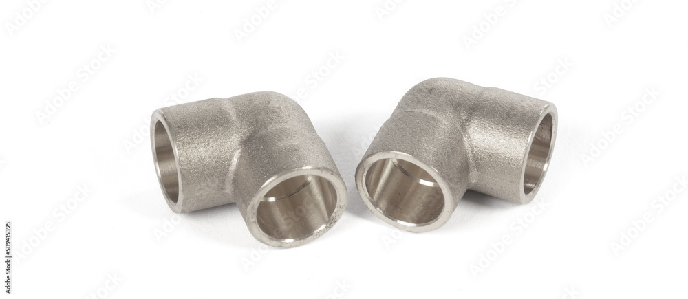 Steel fittings for plumbing pipes, connector for two different sizes, 90 degree angle Steel fittings for plumbing pipes, connector for two different sizes, 90 degree angle