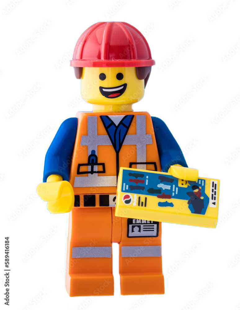 Fototapeta premium Dortmund - Deutschland 6. April 2023 Lego Minifigure Bauarbeiter mit Bauplan