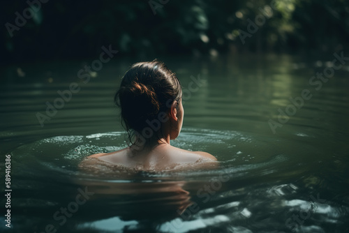 Wild swimming, rest recovery, water relaxation concept. Rear view of caucasian brunette woman floating in pond in nature, close-up. Generative AI © Sergio