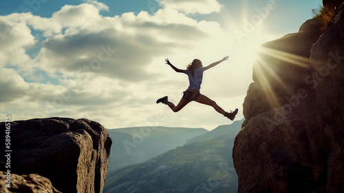 Woman jumping over cliff. Women surpass themselves. strong and dynamic woman. 