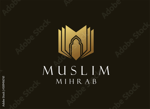 Islamic logo template, Ribbon islamic dome palace logo design template. Luxury gold tower, dome, mosque logo ideas.