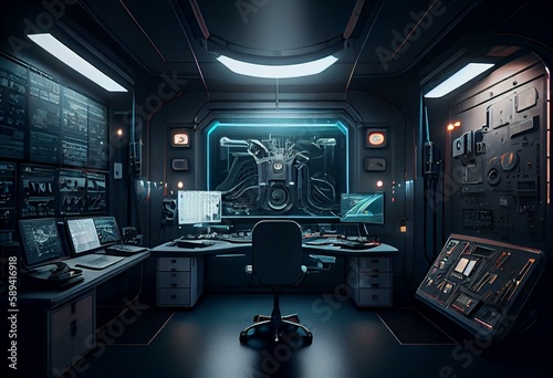 Laboratory control room science fiction G floor in dark scene 3d rendering wallpaper backgrounds. Generative AI