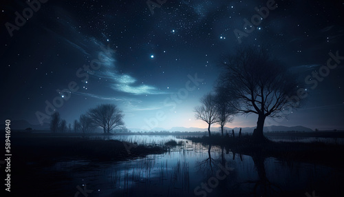 Night landscape in the world of fantasy. Fantasy concept © IonelV