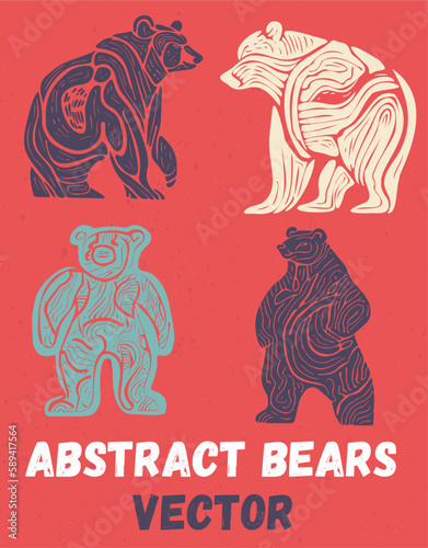 Abstract Bears linocut vector illustration with lines