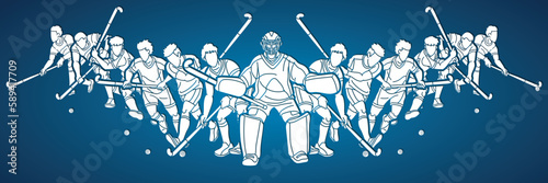Field Hockey Sport Team Male Players Mix Action Cartoon Graphic Vector