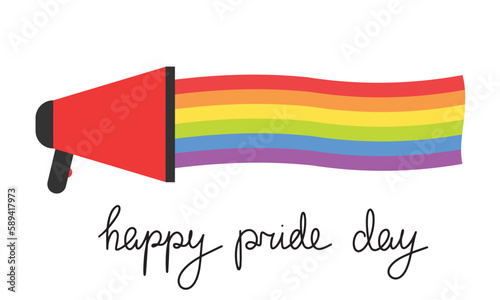 Minimal banner for happy pride day. Rainbow from loudspeaker. Vector illustration
