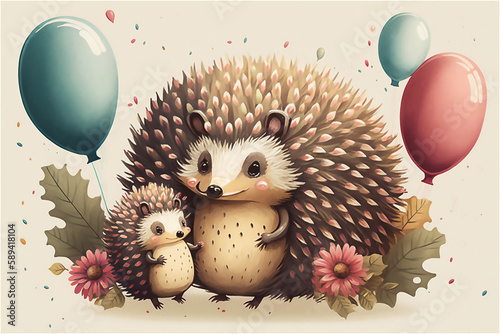 Cute little hedgehog with mom. Watercolor cartoon illustration. Generated AI. © bit24
