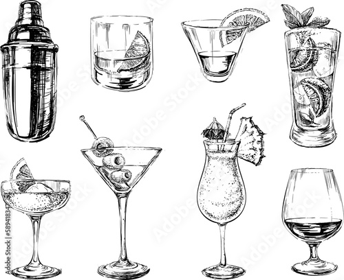 Set of sketch cocktails alcohol drinks hand drawn illustration. booze