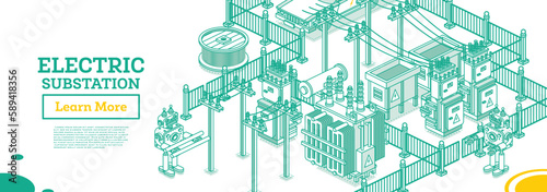 Isometric Energy Substation. Electric Transformer. Outline Concept. Vector Illustration. Green Color. Part of Distribution Chain.